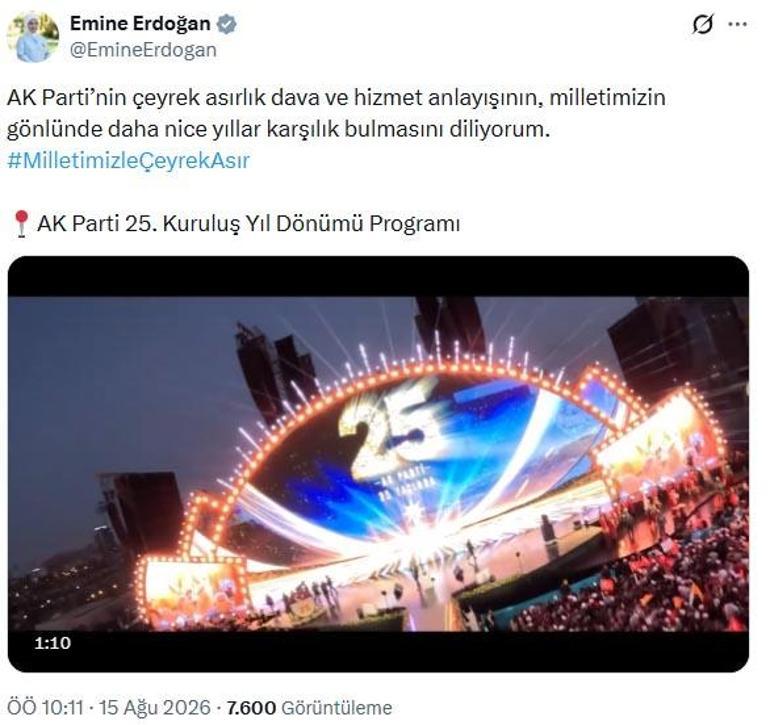 Emine Erdoğandan, AK Partinin 25inci kuruluş yıl dönümü programı paylaşımı