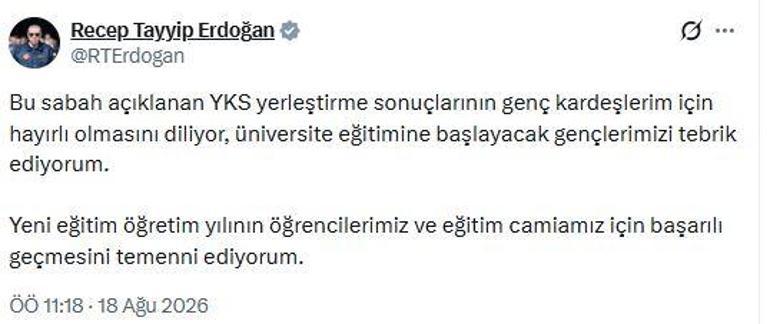 Cumhurbaşkanı Erdoğan: Üniversite eğitimine başlayacak gençlerimizi tebrik ediyorum