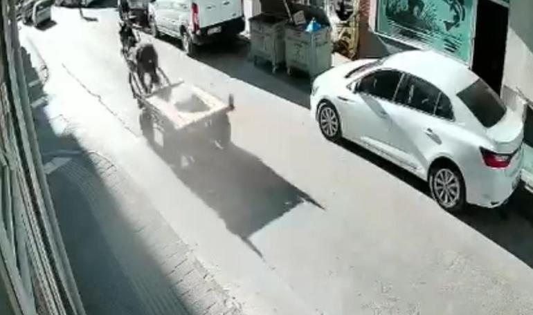 Sürücüsüz at arabası, otomobile çarptı; o anlar kamerada