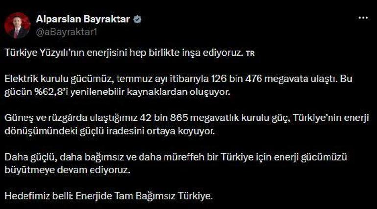 Türkiyenin elektrik kurulu gücü 126 bin 476 megavata ulaştı
