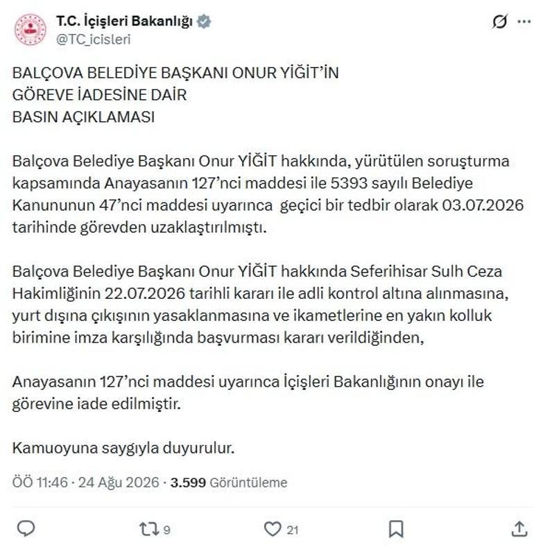İçişleri Bakanlığı: Balçova Belediye Başkanı Onur Yiğit, görevine iade edilmiştir