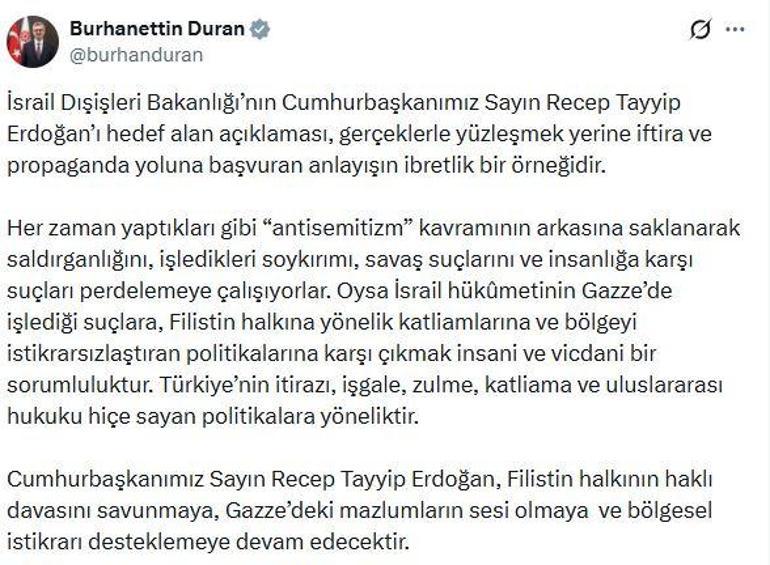 İletişim Başkanı Durandan, İsrailin Cumhurbaşkanı Erdoğanı hedef alan açıklamasına tepki