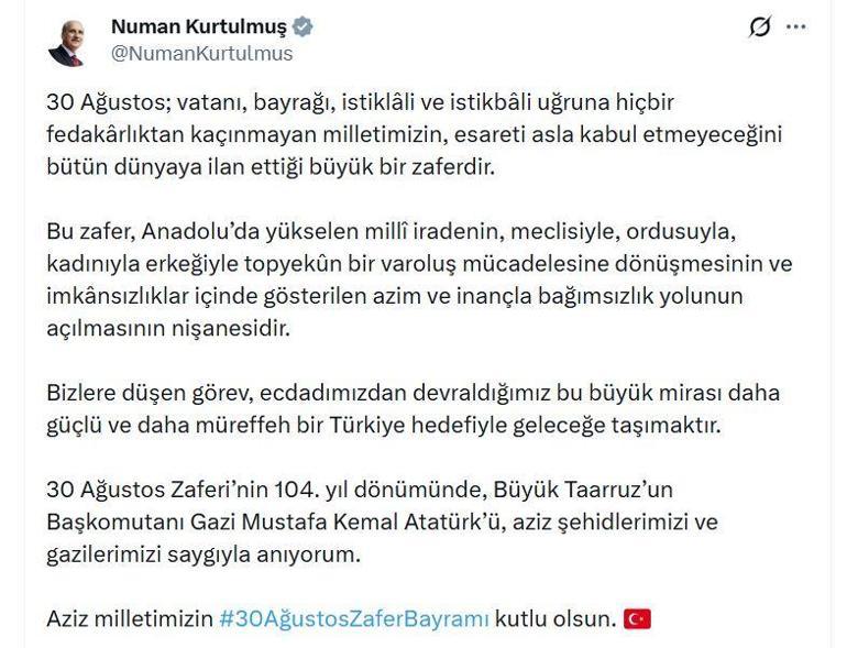 TBMM Başkanı Kurtulmuştan 30 Ağustos mesajı