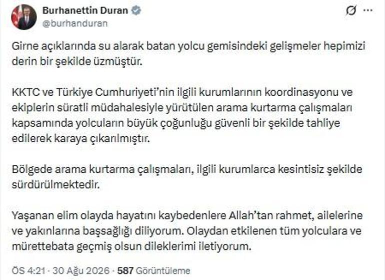 İletişim Başkanı Durandan Girnede batan gemiye ilişkin açıklama