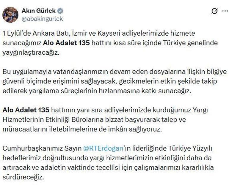 Adalet Bakanı Gürlek: Alo Adalet 135 hattını kısa süre içinde Türkiye genelinde yaygınlaştıracağız