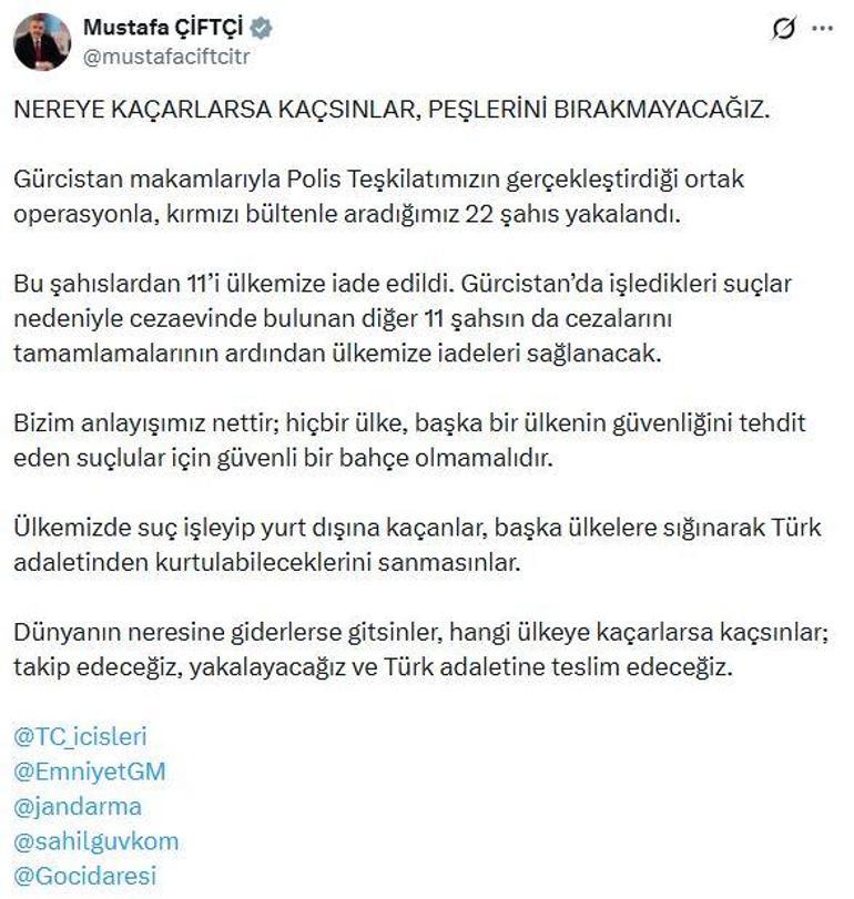 Gürcistanla yapılan ortak operasyonda kırmızı bültenle aranan 22 kişi yakalandı