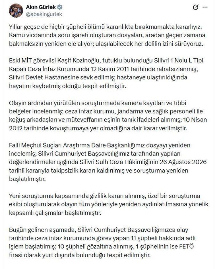 Bakan Gürlekten eski MİT görevlisi Kozinoğlunun ölümüne ilişkin soruşturmayla ilgili açıklama
