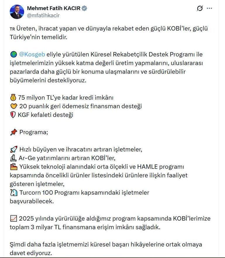 Bakan Kacır: KOBİlere 75 milyon TLye kadar kredi imkanı sağlayacağız