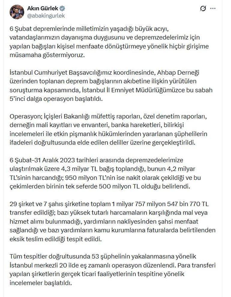 Ahbap soruşturmasında 20 ilde 53 şüpheliye operasyon