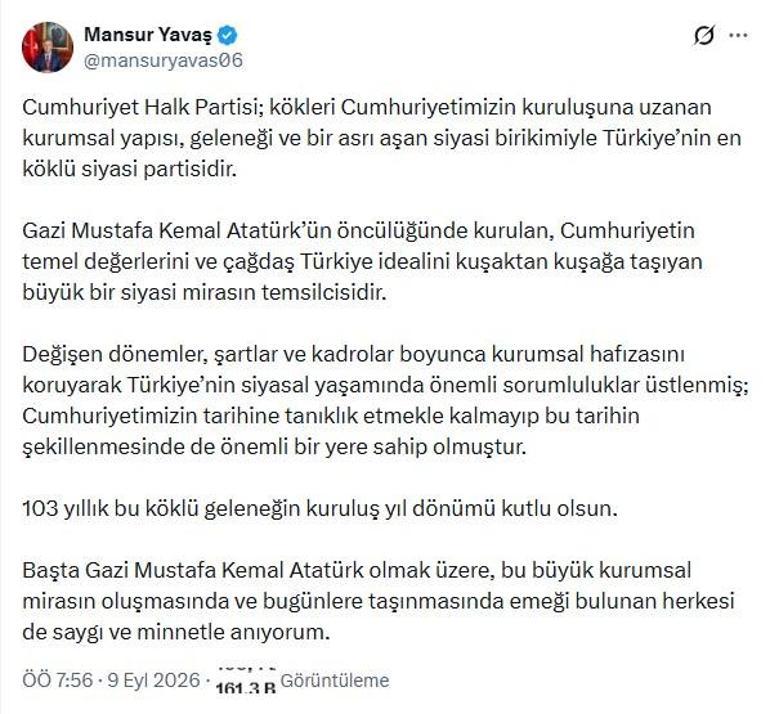 Mansur Yavaş, CHPnin 103üncü kuruluş yıl dönümünü kutladı