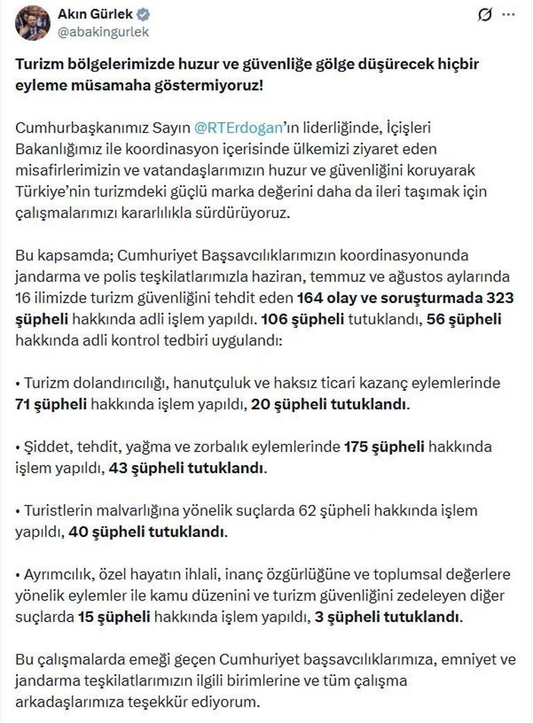 Bakan Gürlek: 3 ayda turizm güvenliğini tehdit eden 106 şüpheli tutuklandı