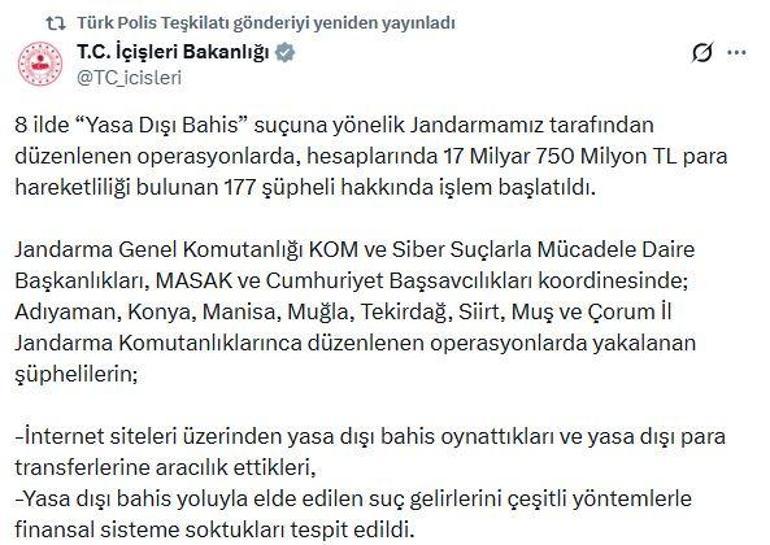 8 ilde Yasa dışı bahis operasyonu; 177 şüpheliye işlem başlatıldı
