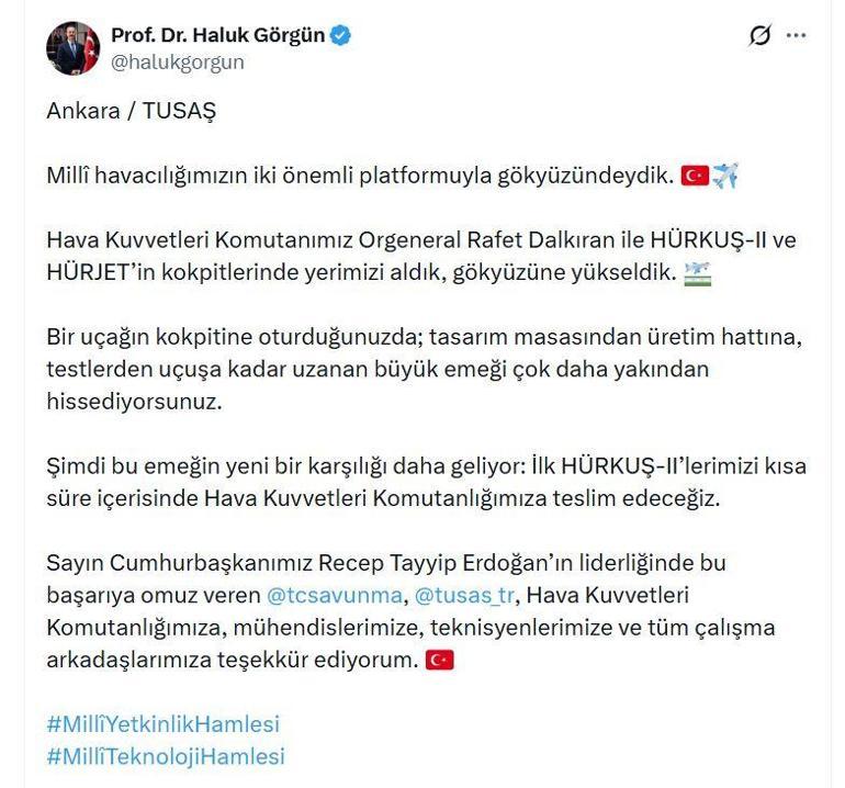 Haluk Görgün ve Orgeneral Dalkıran, HÜRKUŞ-2 ve HÜRJET ile test uçuşu gerçekleştirdi