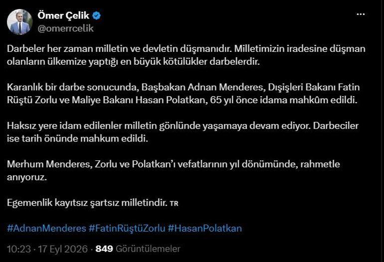 AK Partili Çelik, Menderes, Polakan ve Zorluyu andı