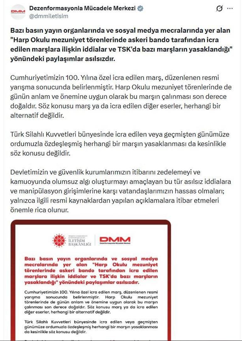 DMM: TSKda bazı marşların yasaklandığı yönündeki paylaşımlar asılsız