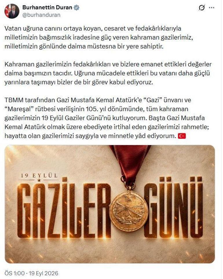 İletişim Başkanı Durandan, Gaziler Günü mesajı