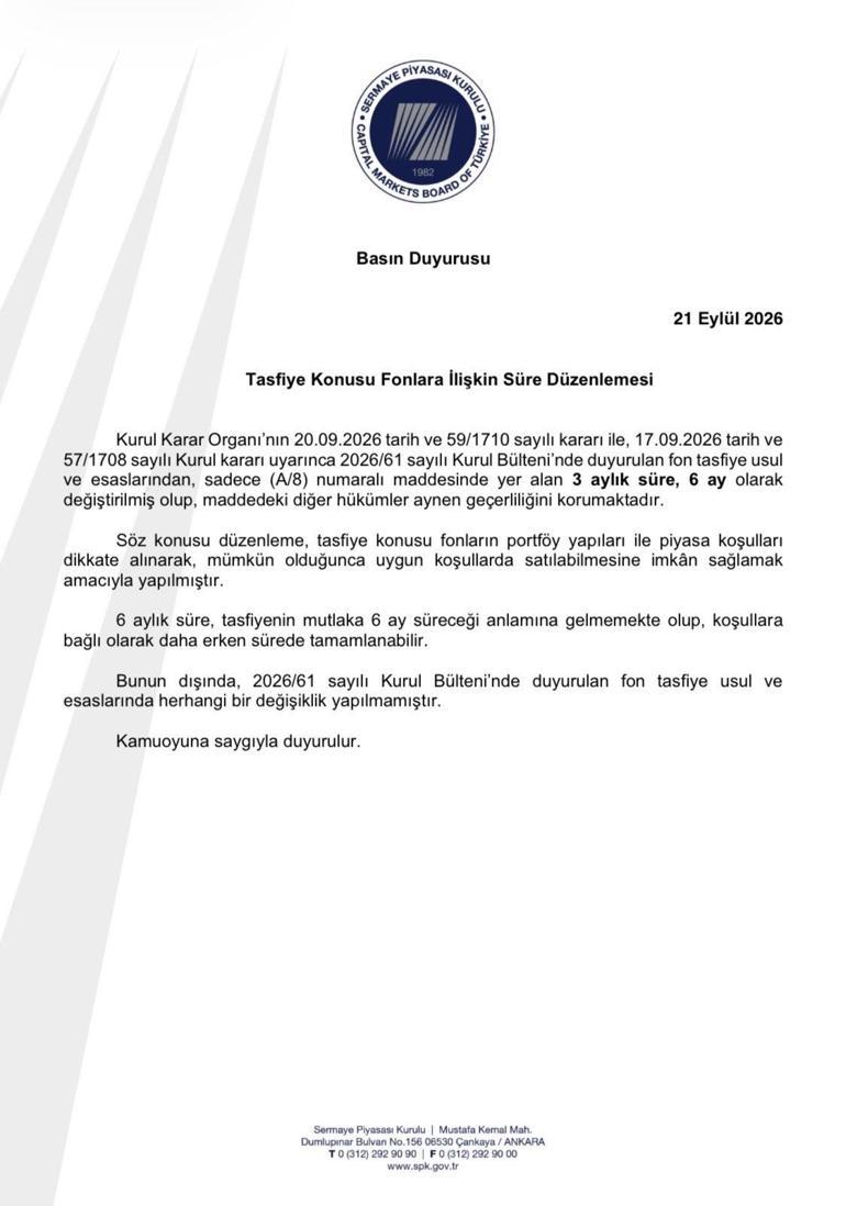 SPK, fonların tasfiyesinde süreyi 6 aya çıkardı