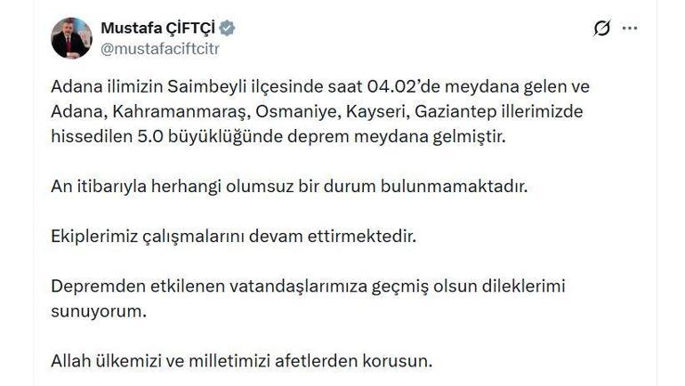 Adanada 5 büyüklüğünde deprem