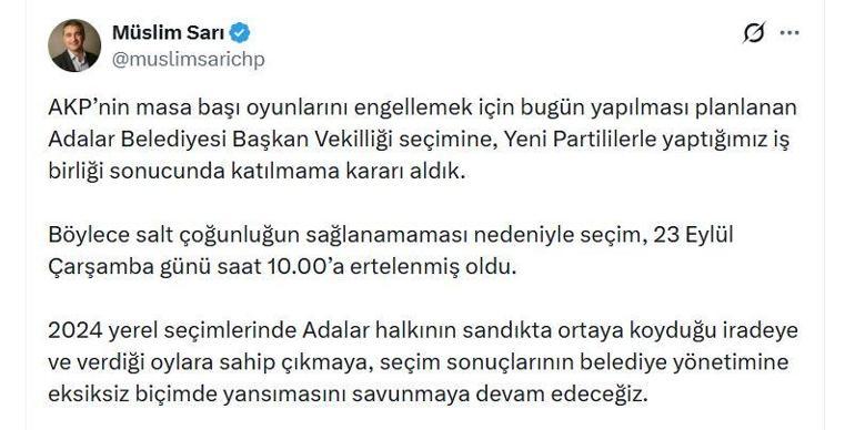 CHP Sözcüsü Sarı: Adalar Belediyesi Başkan Vekilliği seçimine katılmama kararı aldık