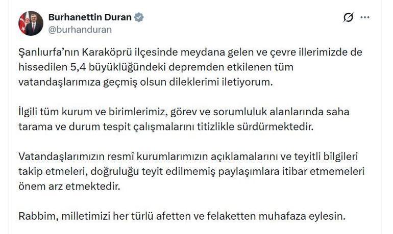 Şanlıurfa’da 5.4 büyüklüğünde deprem
