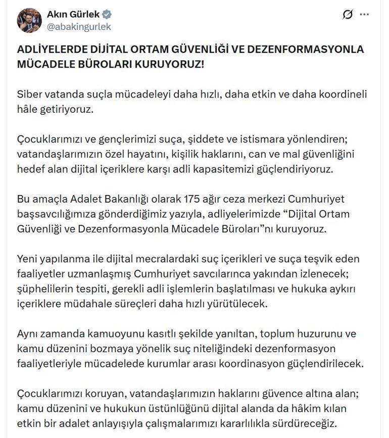 Bakan Gürlek: Dijital Ortam Güvenliği ve Dezenformasyonla Mücadele Büroları kuruyoruz
