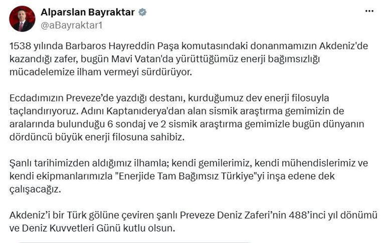 Bakan Bayraktar, Preveze Deniz Zaferinin 488inci yıl dönümünü kutladı