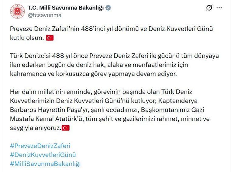 MSB, Preveze Deniz Zaferi ve Deniz Kuvvetleri Gününü videolu mesajla kutladı