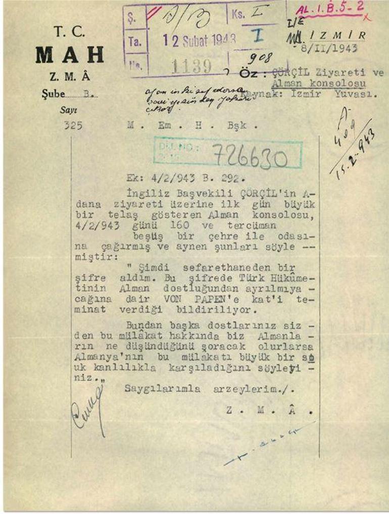 MİT, İnönü ile Churchill görüşmesinin Alman çevrelerine yansımasına ilişkin belgeyi paylaştı