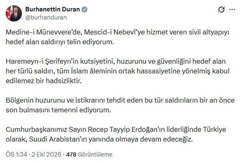 İletişim Başkanı Duran: Medine-i Münevverede sivil altyapıyı hedef alan saldırıyı telin ediyorum