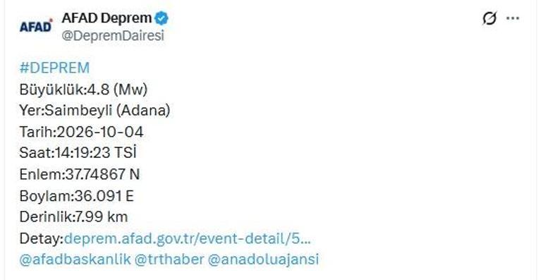 Adanada 4.8 ve 4.9 büyüklüğünde deprem