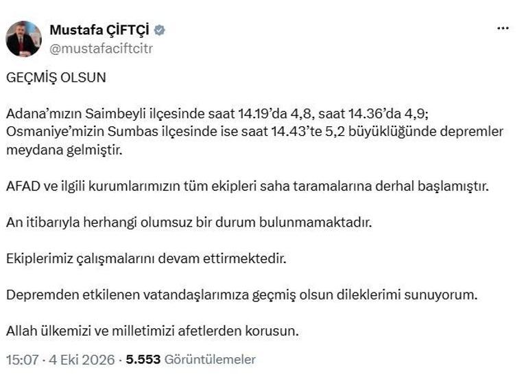 Adanada 4.8, 4.9 ve 4.4 büyüklüğünde üç deprem
