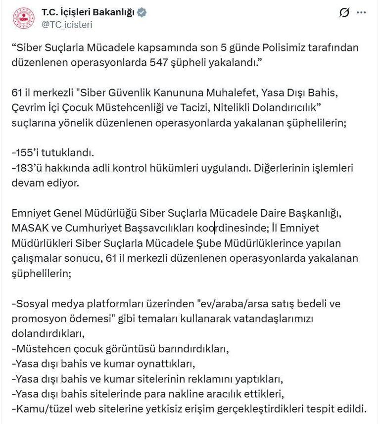61 ilde siber suç operasyonları: 155 tutuklama