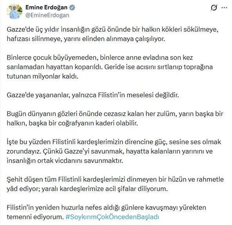 Emine Erdoğan: Gazzede 3 yıldır bir halkın kökleri sökülmeye çalışılıyor