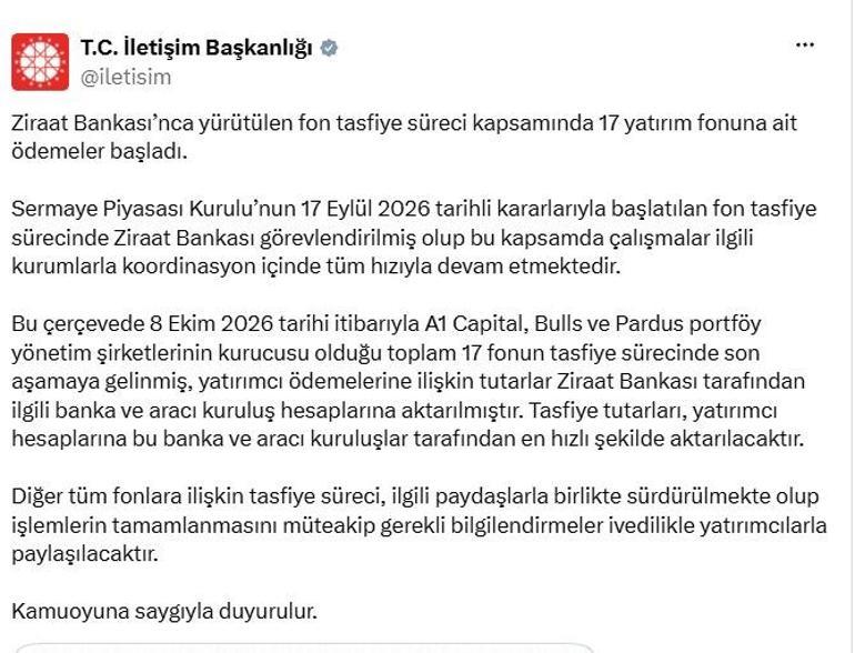 İletişim Başkanlığı: 17 yatırım fonuna ait ödemeler başladı