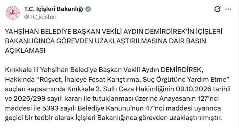Yahşiyan Belediye Başkanvekili Demirdirek, görevden uzaklaştırıldı