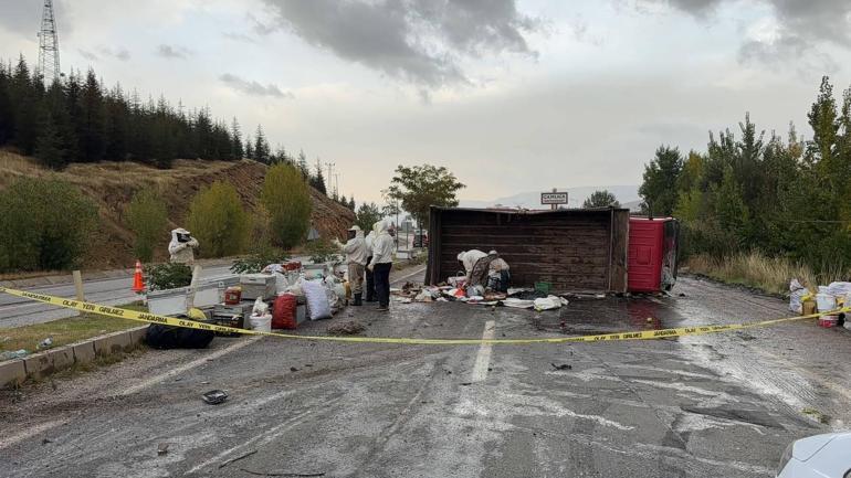 Bal ve arı kovanı yüklü kamyonet devrildi; 3 yaralı