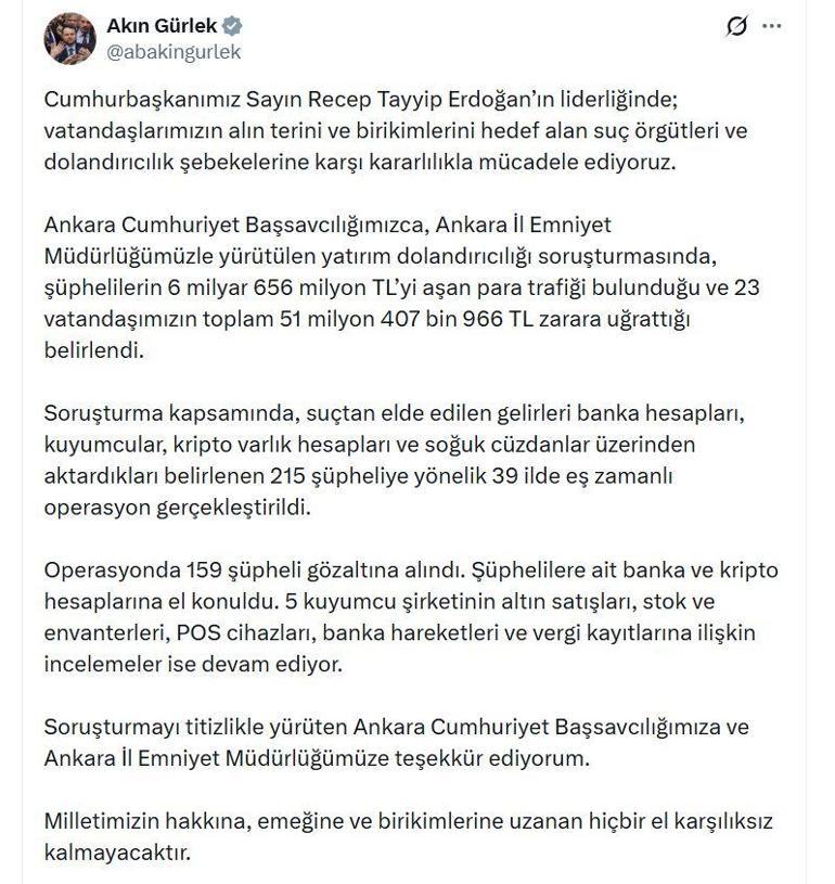 Ankara merkezli 39 ilde Nitelikli dolandırıcılık operasyonu; 159 gözaltı