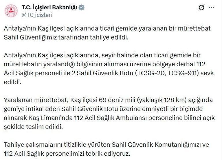 Antalyada Kaş açıklarındaki gemide yaralanan mürettebat tahliye edildi