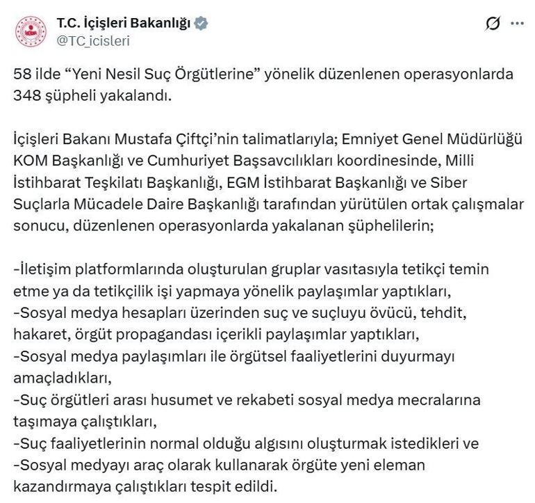58 ilde yeni nesil suç örgütlerine operasyon; 348 gözaltı