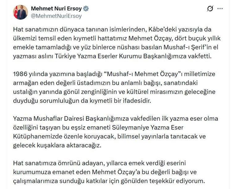 Hattat Mehmet Özçay, Mushaf-ı Şerifin el yazması aslını TÜYEKe bağışladı