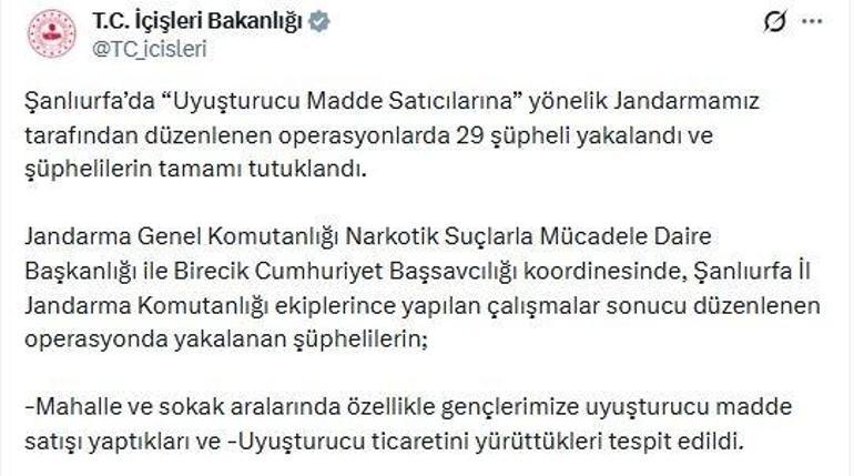 Şanlıurfada uyuşturucu satıcılarına operasyon: 29 tutuklama
