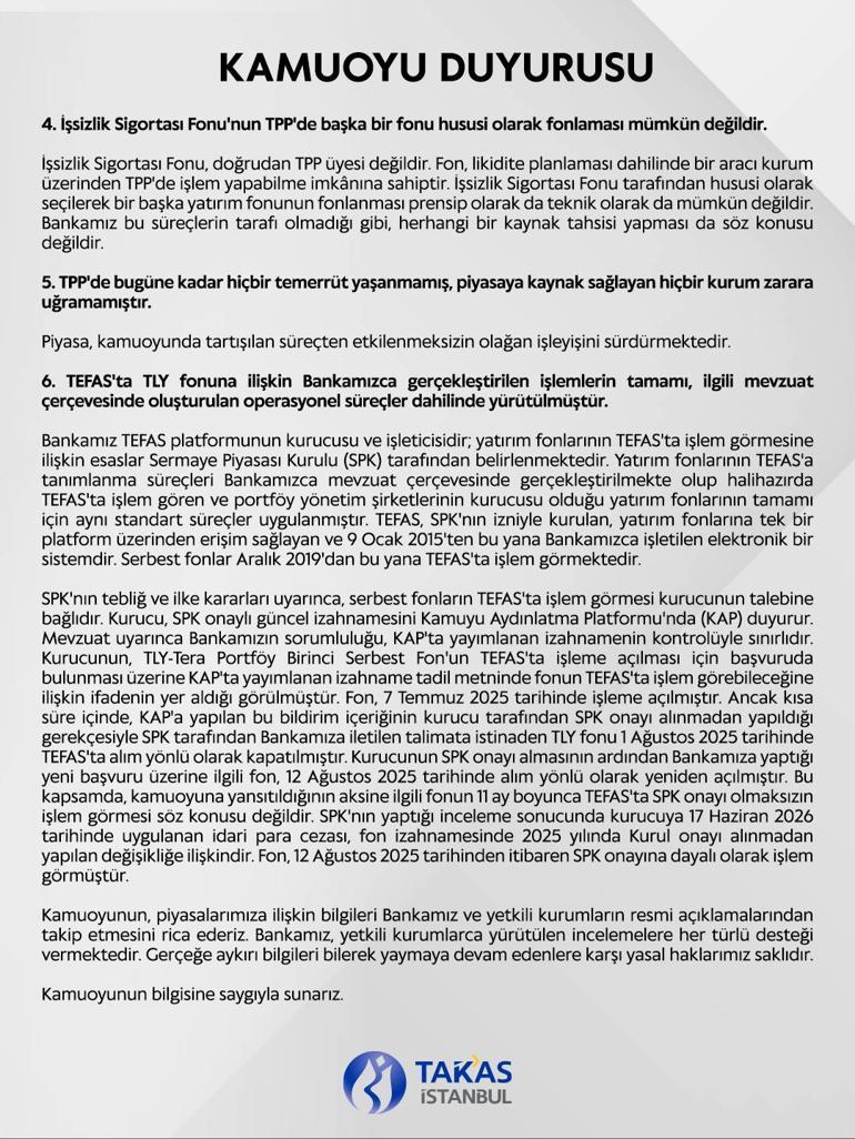 Takasbanktan TPP ve TEFAS iddialarına ilişkin açıklama