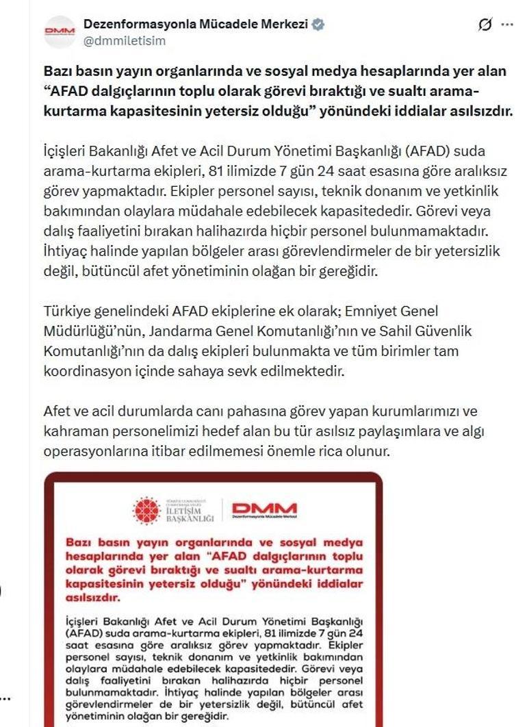 DMM: AFAD dalgıçlarının görevi bıraktığı iddiaları asılsızdır