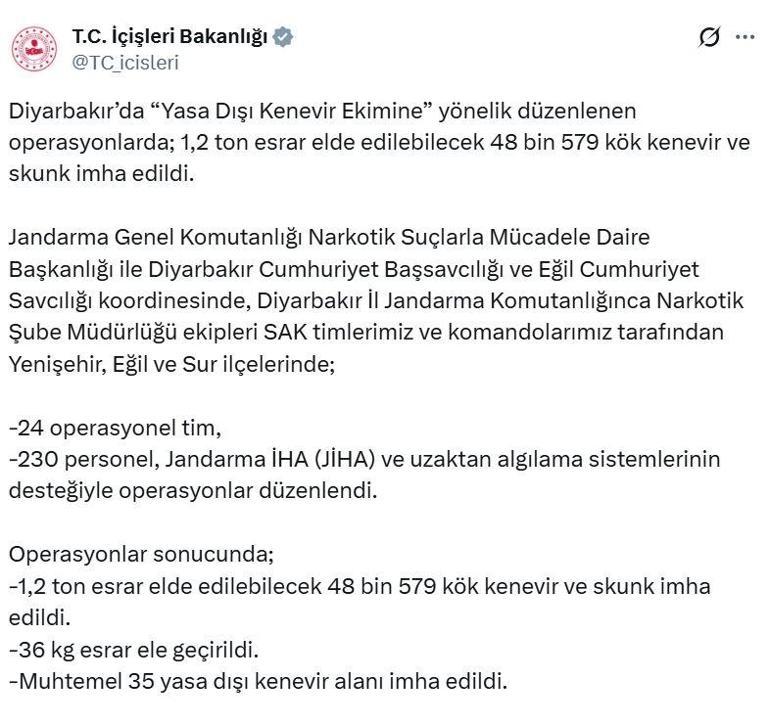Diyarbakırda 48 bin kök kenevir ve skunk imha edildi