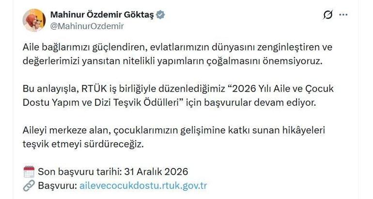 Bakan Göktaştan 2026 Yılı Aile ve Çocuk Dostu Yapım ve Dizi Teşvik Ödüllerine ilişkin paylaşım