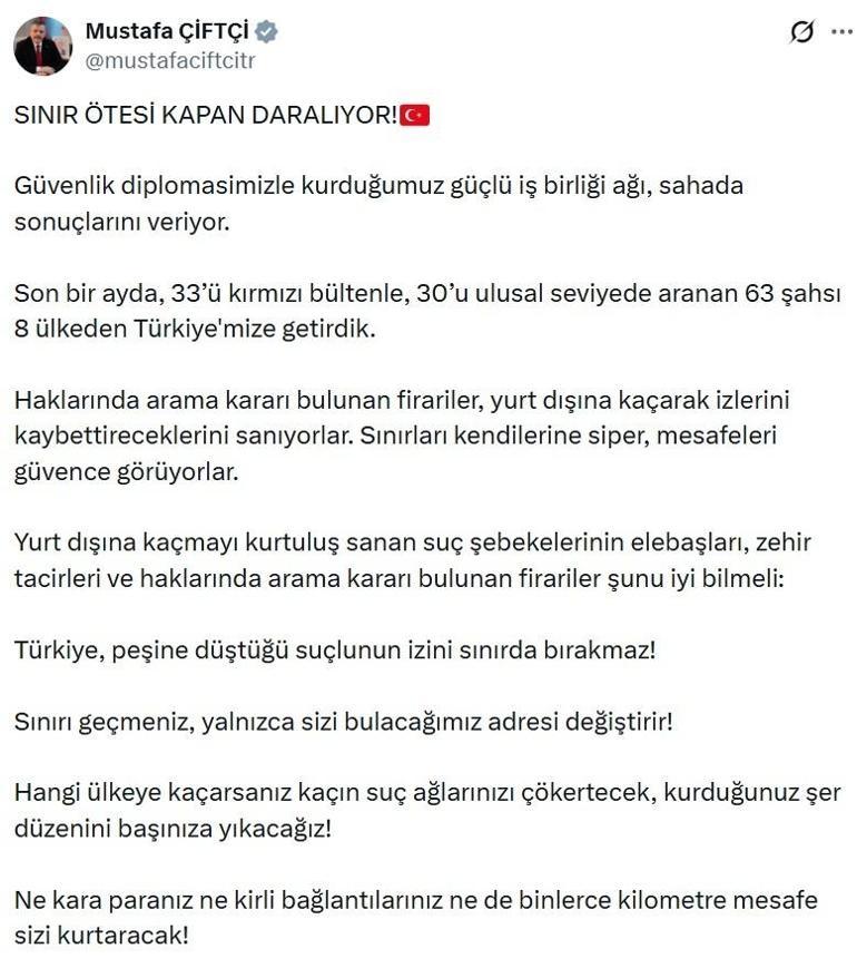 Ulusal ve uluslararası düzeyde aranan 63 suçlu yakalanarak Türkiyeye iade edildi
