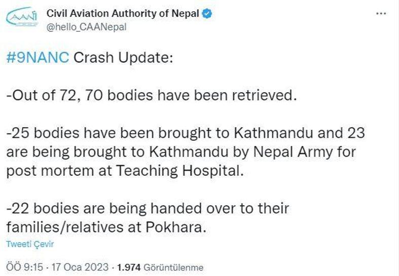 Nepal’deki uçak kazasında 70 kişinin cesedine ulaşıldı