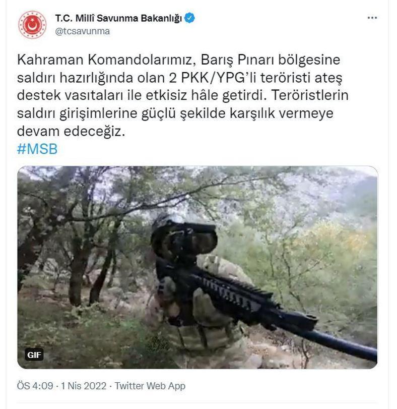 MSB: 2 PKK/YPGli terörist etkisiz hale getirildi