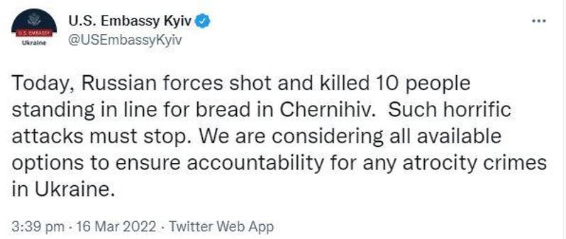 ABD Kiev Büyükelçiliği: Rus birlikleri, ekmek kuyruğundaki 10 kişiyi öldürdü